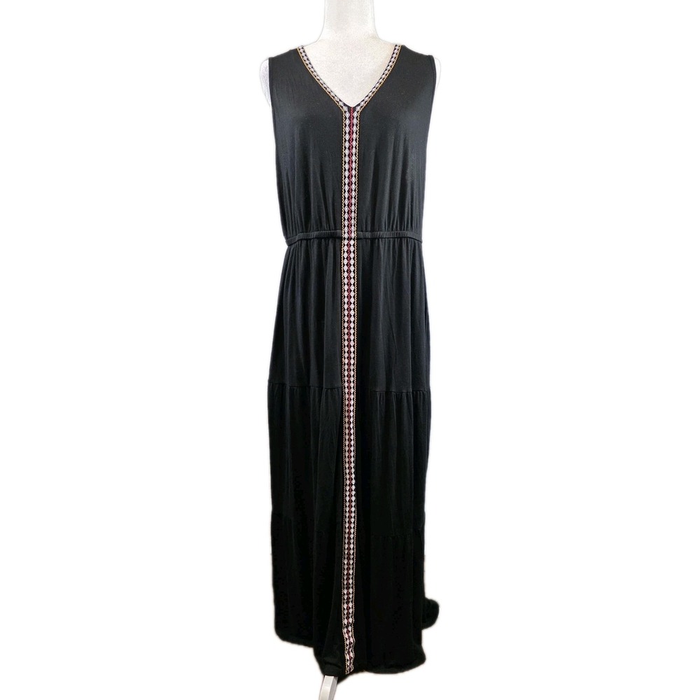Design History Dress Womens 2X Black Sleeveless V-Neck Maxi Embroidered Tribal